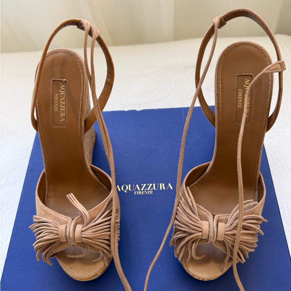 Aquazzura Wild One Wedge Sandals with Tassels Nude-Tan /VintagePink Color Size37 - Picture 4 of 11